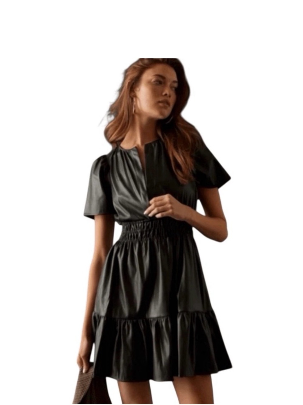 Anthropologie Somerset Vegan Leather Mini Dress Black Smocked Tiered Sz  LP EUC - Picture 4 of 16